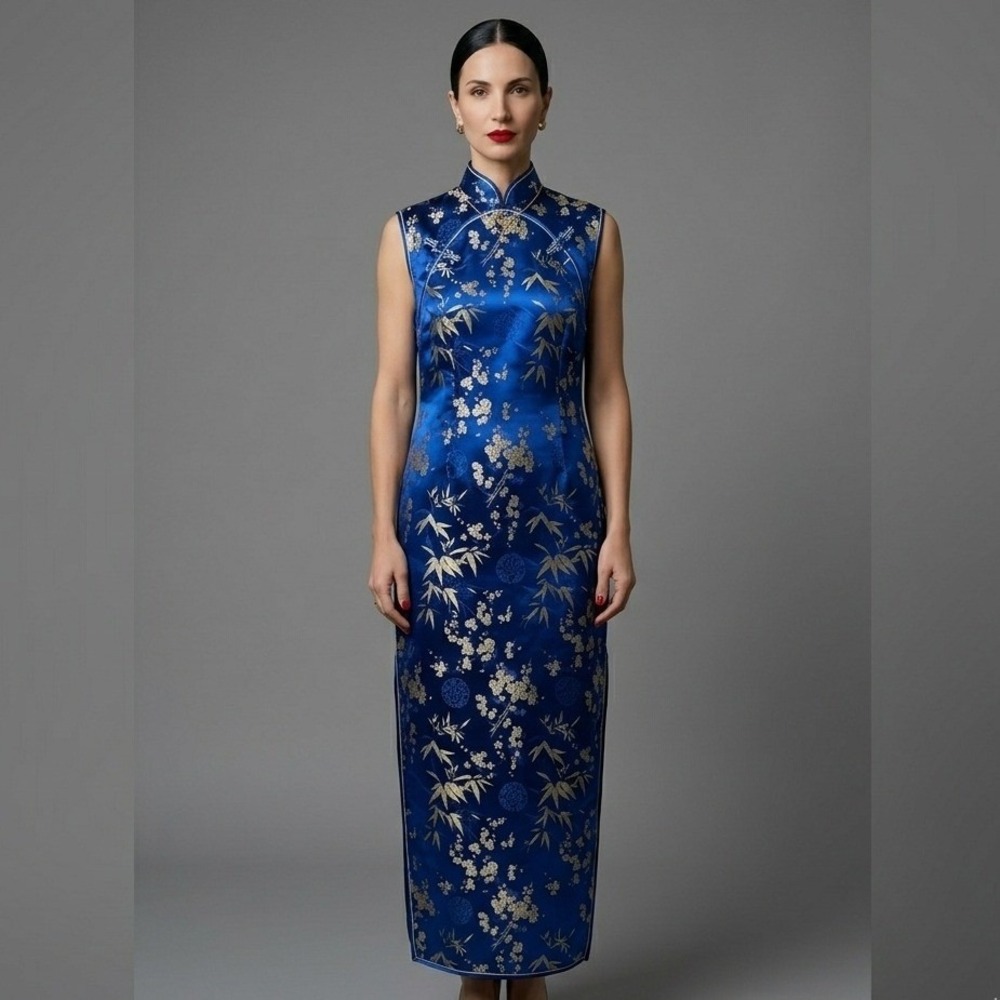 VTG Royal Blue & Gold Floral Brocade Cheongsam Qipao Dress